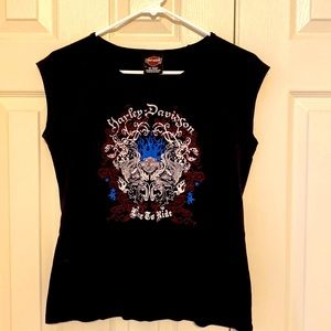 Harley Davidson of Indianapolis, Juniors XL Black with red & blue rhinestones.